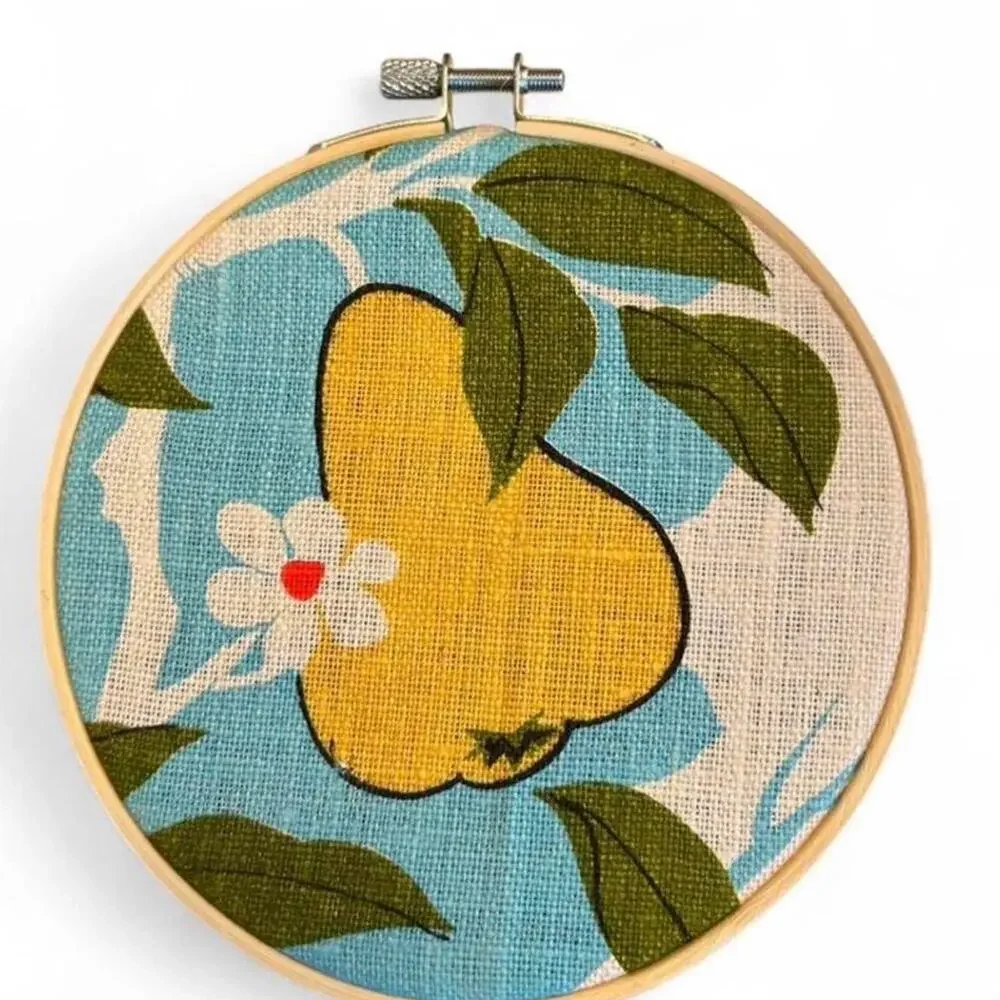 Set of three 5 inch linen upcycled retro style pear hoop art kitchen wall decor